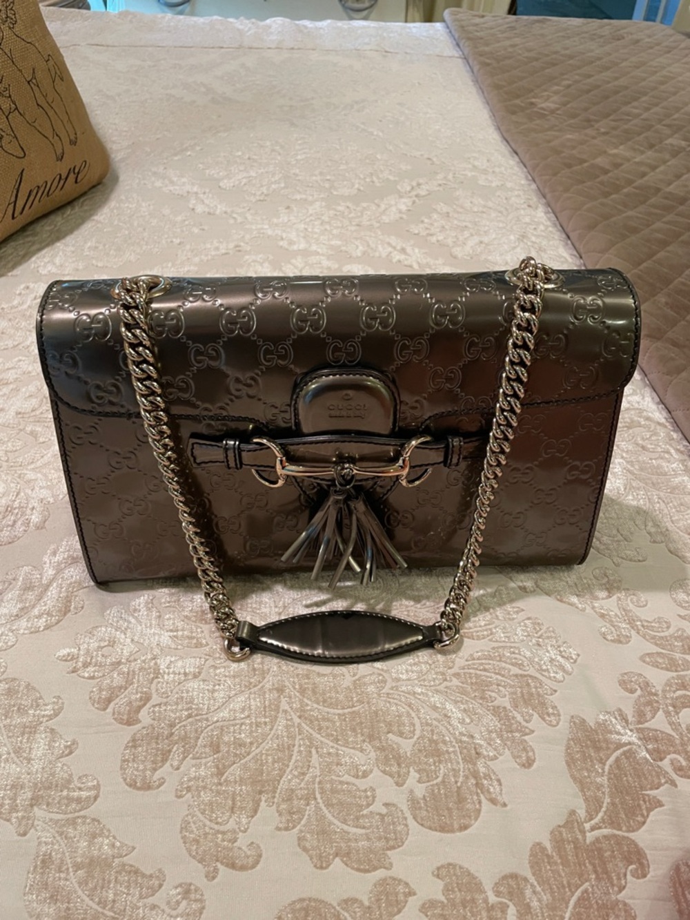 Gucci Metallic Pewter Signature GG Leather Shoulder Bag with Tassel